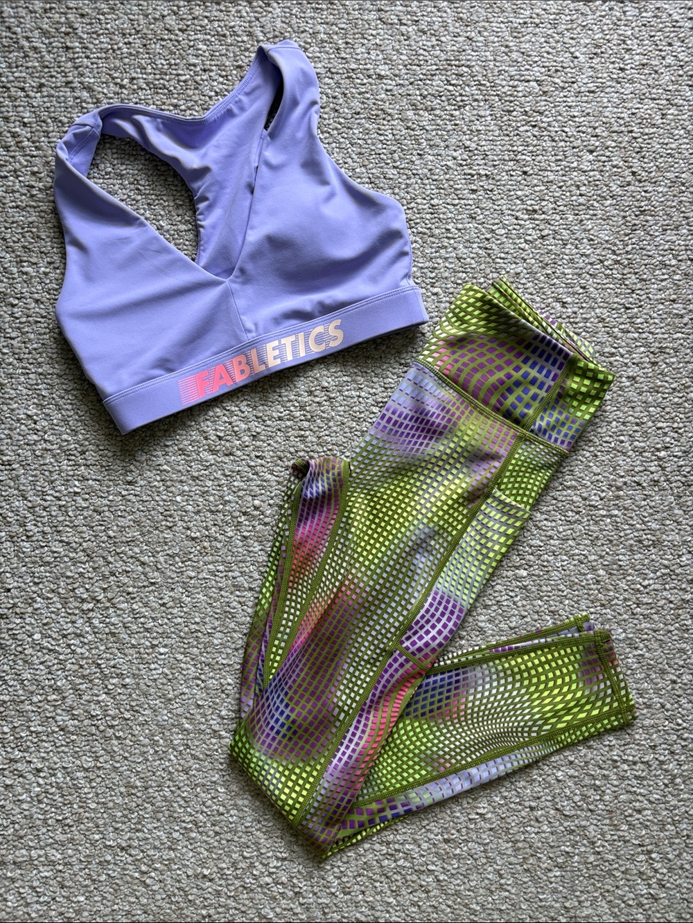 Fabletics Lavender Sports Bra with Green & Purple Patterned Leggings
